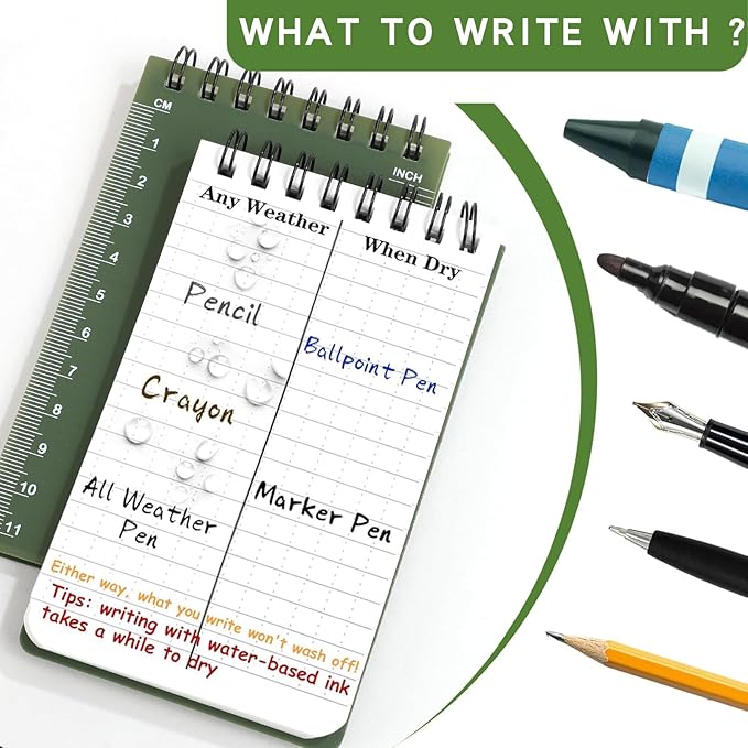 Waterproof Notebook, 4 Pack Pocket Notepad, 3" x 5" Top-Spiral Weatherproof NotePad, All Weather Police Pocket Notebook Mini Memo Steno Note Pads for Outdoor Office School Recording, Navy Green