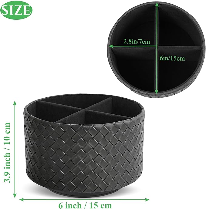 Round Leather Art Supply Organizer,Remote Control Holder,360 Degree Spinning,Multi-Functional Pencil Holder,4 Compartments Desktop Stationary Organizer(1-Weave Black)