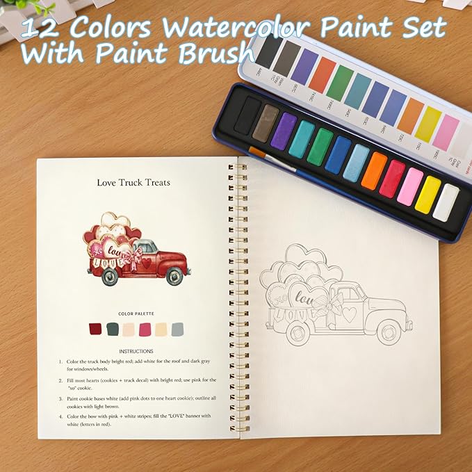 Watercolor Workbook for Adults - 12 Different Patterns of Original DIY Designs, olors Watercolor Paint Set with Palette and Brush, Beginner-Friendly Watercolor Workbooks（Valentine's Day）