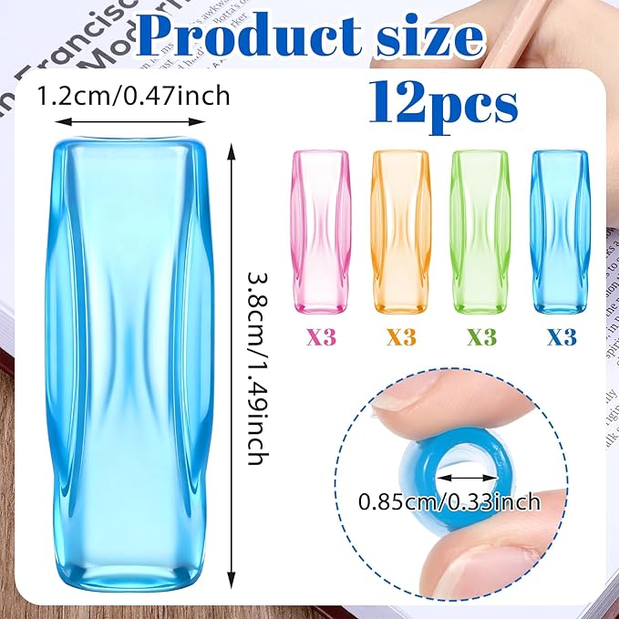 12PCS Transparent Silicone Grippers for Pencil with 3 Concaves, Multicolour Comfort Grip for Pencil Pen Ergonomic Writing Aid for Adult Student Writing Drawing Stylus