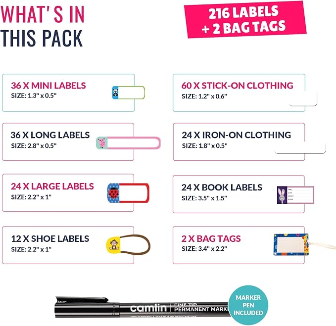 The Ultimate School Label Pack - 218 Waterproof Name Labels for Kids School Stuff, Name Tags for Clothes, Book Stickers & Bag Tags, No Iron Fabric & Iron on Clothing Labels for Kids, InstaLabels