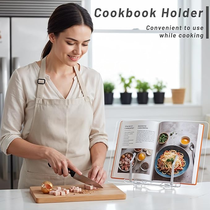 Adjustable Acrylic Book Stand for Reading, 13.3 x 9.4 Inch Multi-Angle Book Display Stand Transparent Foldable Books Holder with Page Clip for Books, Magazines, Cookbook, Document, Recipe