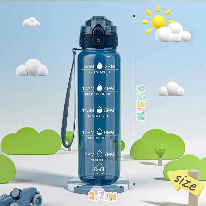 OLDLEY 17oz Kids Water Bottle, Tritan BPA-Free, Leakproof Flip Straw Lid, Motivational Time Marker, Carry Strap, Reusable Clear Water Bottle for Boys & Girls,Slate Blue