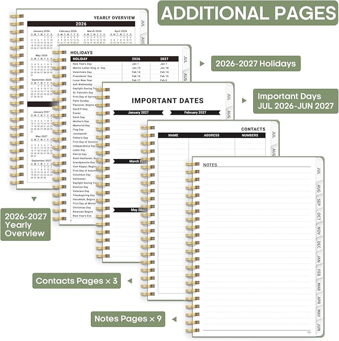 Academic Planner 2026-2027, Weekly and Monthly Calendar Planner Book, July 2026 – June 2027, Hardcover Organizer with Tabs, Perfect for Teachers, Students, Women & Men, A5 (6.4" x 8.5") - Green