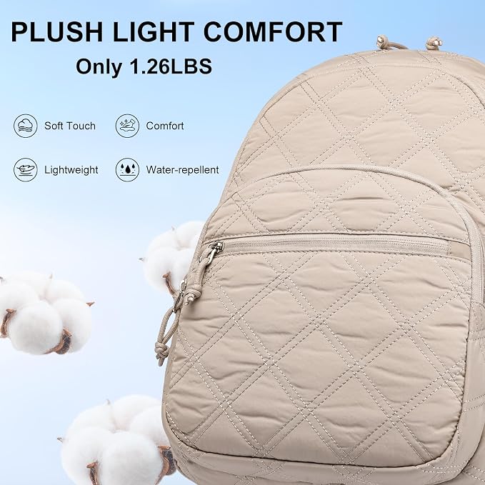 Travel Laptop Backpack for Women - 15.6 Inch College Backpacks Quilted Computer Bookbag Lightweight Casual Daypack Water-Resistant Backpacks for Students Teacher Work Camel