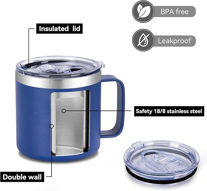 VEGOND 14 oz Insulated Coffee Mug Bulk with Handle, Stainless Steel Travel Coffee Mug with Lid, Double Wall Vacuum Metal Coffee Cup, Coffee Tumbler Powder Coated, Navy Blue 8 Pack