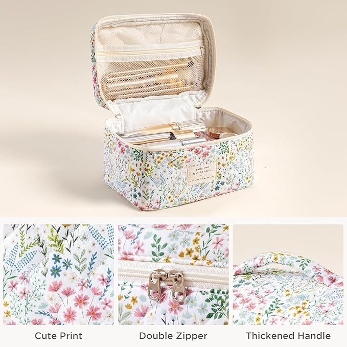 HBselect Quilted Makeup Bag, 3Pcs Cotton Large Travel Makeup Bags Organizer | Cute Floral Make up Bag Cosmetic Bag Toiletry Bag for Women Girls, Makeup Pouch for Skincare, Brushes & Travel Essentials
