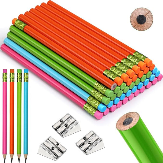 Fainne 48 Pcs Fat Pencils Jumbo Big Thick Large Pencils and 3 Pieces Sharpeners for Kids Beginners Preschoolers Kindergarten School Office Supplies(Multicolor,Round)