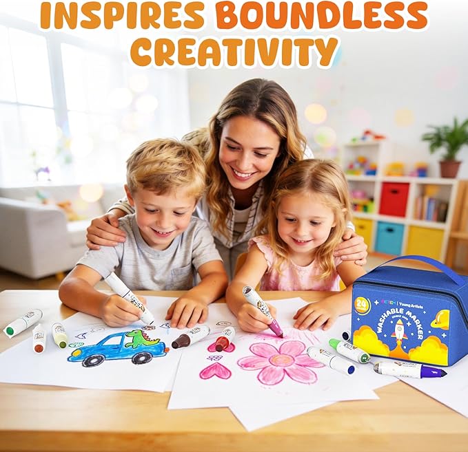Betem Scented Washable Markers for Kids 24 Colors Stamp Markers for Toddlers, Non Toxic Water-based Dual Tip Marker Set for Kids, Coloring Markers for Classroom Art Supplies with Portable Bag