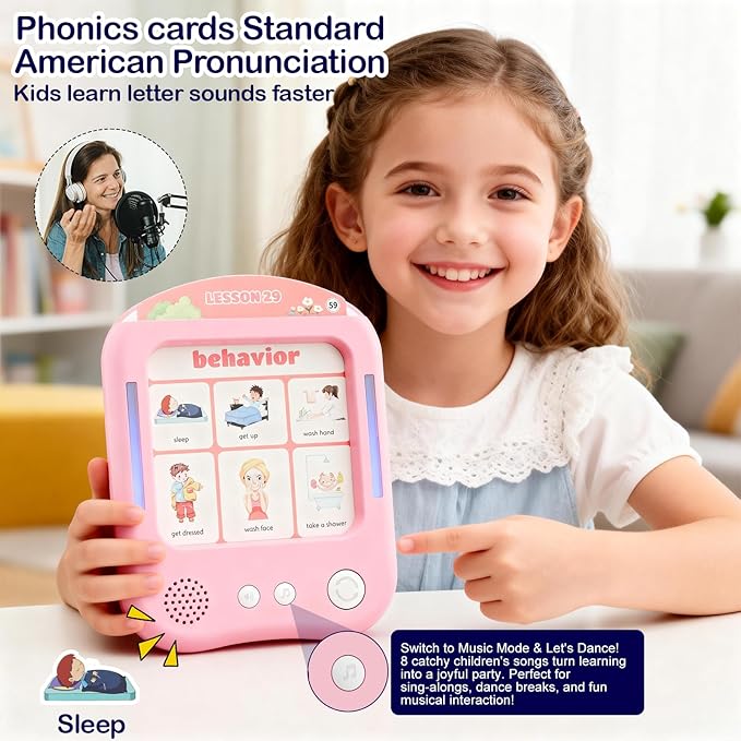 Interactive Learning Tablet for Kids, Educational Talking Toy with with 30 Flash Cards for Alphabets, Phonics, Words, Music & Quiz, Best Learning Toy for Ages 2-5, Birthday Gift for Boys&Girls, Pink