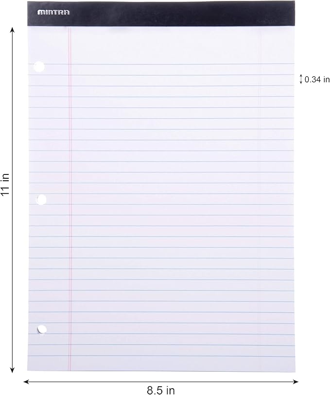 Mintra Office White Legal Pads – Ruled Notepads and Micro-Perforated Sheets, Ideal for Writing, Note-Taking & Creativity, Office, or Professional Use, Double Pad 3 pack, 8.5"x11" (Wide Ruled)