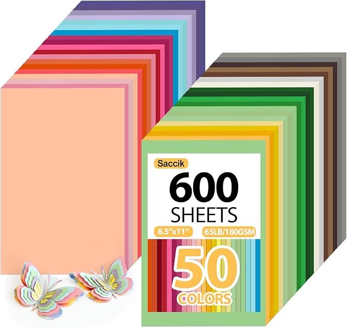 600-Sheets Colored Cardstock for Crafts: 50 Assorted Colors, 8.5" x 11", 65lb/180gsm, Colored Paper for Kids School Supplies, Party Decorations, DIY Crafts, for cri·cut Cutting