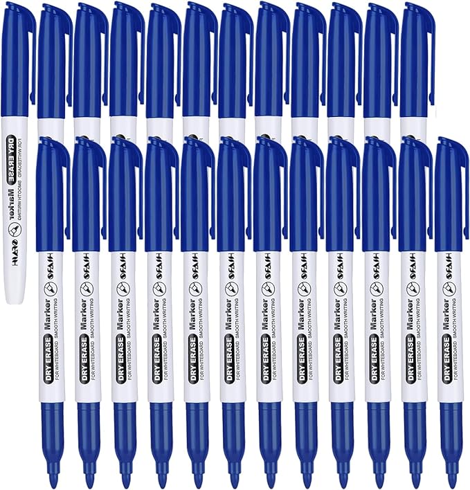 SFAIH Fine Tip Dry Erase Markers - 24 Pack Blue Whiteboard Erasable Markers Bulk, Ideal for Brainstorming & Visual Planning, Teams, Teacher & Creative Sessions, Vivid Blue Ink, Non-Toxic Easy Clean