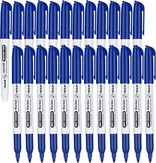 SFAIH Fine Tip Dry Erase Markers - 24 Pack Blue Whiteboard Erasable Markers Bulk, Ideal for Brainstorming & Visual Planning, Teams, Teacher & Creative Sessions, Vivid Blue Ink, Non-Toxic Easy Clean