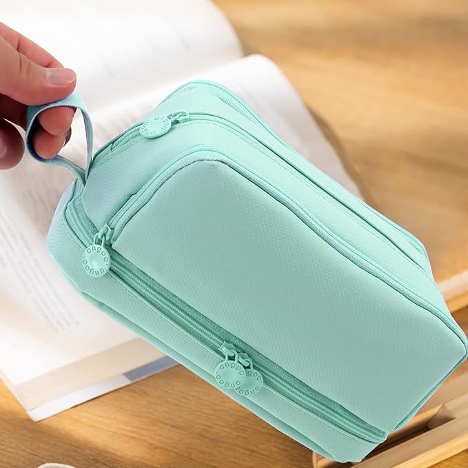 Large Capacity Pencil Case 4 Compartments, Pencil Pouch Bag with Zipper Portable Handle, Pen Case Bag Stationery Organizer for Office College School Adults Teen Girls Boys Men Women, Light Green