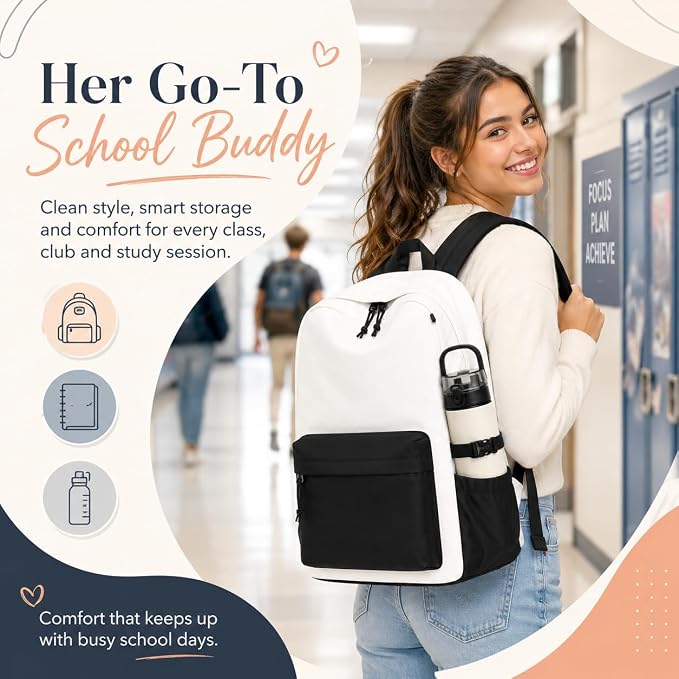 LOIDOU Backpack for Girls School Backpacks Bookbags for Elementary Middle School Women Laptop Backpacks (Black White-, L-17)
