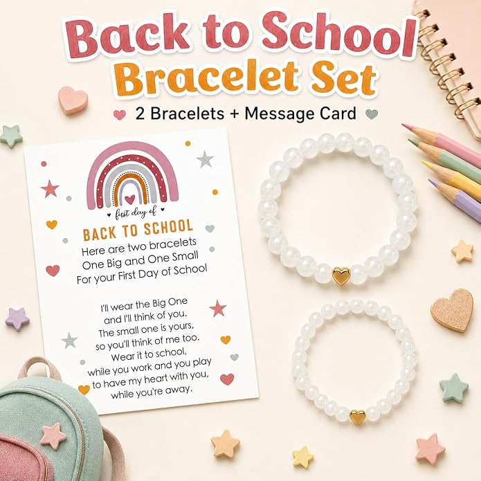 Back to School Bracelets Heart Matching Mommy and Me Elastic Wish Strings Bead Bracelets First Day of School Supplies Gifts