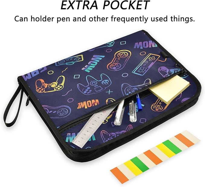 Game Controller Seamless 13 Pocket File Organizer Expanding File Folder with Front Pouch Portable Business File Storage Document Organizer Folder with Zipper