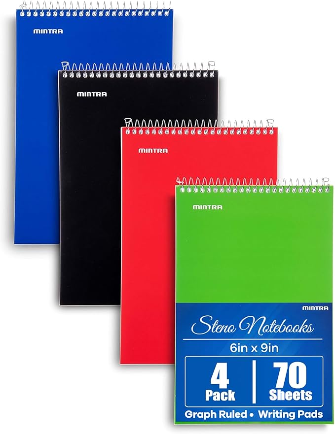 Mintra Office Steno Books Set - Top-Spiral Bound, Graph Ruled, 70 White Sheets, Poly Primary Color Covered Notebooks for Office, Professional, School & Work, Note-taking, Writing Pads, 6"x9", 4 Pack