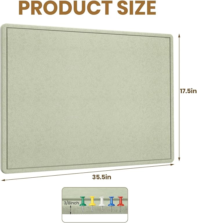 Bulletin Board - 35 x 17.5 inches Decorative Felt Pin Board - Cork Board Alternative for Wall - Foldable Photo Board Self-Adhesive Prayer Board with 20 Pushpins - Sage Green