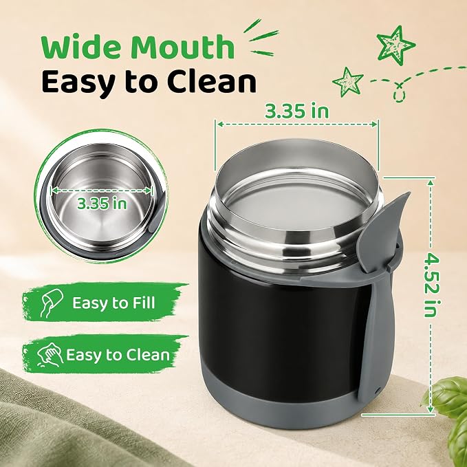10oz Soup Thermo for Hot Food Kids Insulated Food Jar,Thermo Hot Food Lunch Container, Width Mouth Stainless Steel Lunch Box for Kids with Spoon (Black)