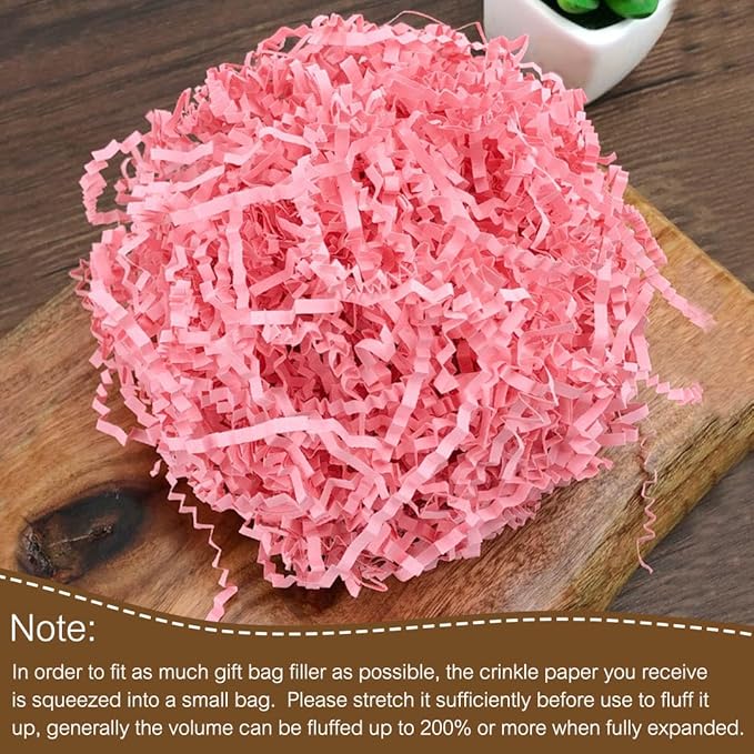 LYARCHTE Crinkle Paper Filler 5.2 oz, Crinkle Cut Paper Shred Filler Shredded TissueRaffia Grass Paper for Gift Basket Packing Bag Filler (Pink)