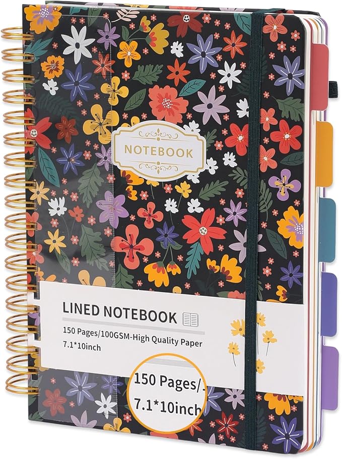 Hardcover Spiral Notebook 7.1"x10" Journal with Removable Divider Tabs, 150 Pages, 5 Subject Notebook, Ideal for Women Work Stationery, Pretty Student Planner, Meetings, Essential Notebooks, Tabbed Notebook, Aesthetic Subject Journal
