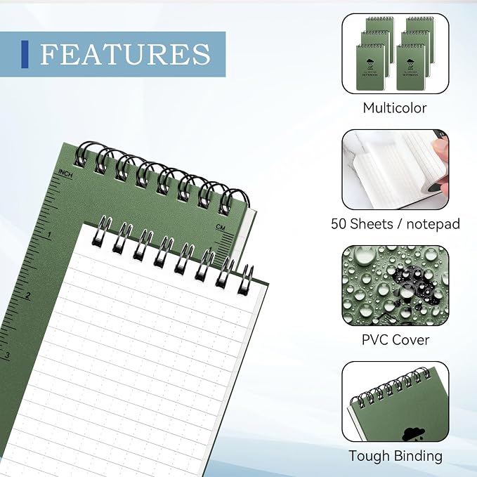 COIDEA 6 Pack Waterproof Notebook, 3 x 5 Pocket Notepad, Top-Spiral NotePad