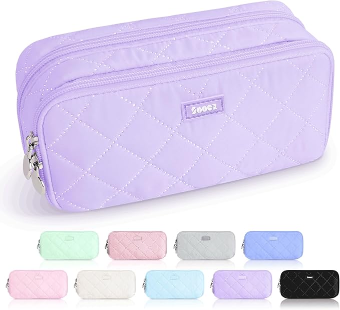 Sooez Large Pencil Case Pouch, Extra Big Pencil Bag with 8 Compartments, Pen Bag Wide Opening, Soft Quilted Pencil Pouch Organizer with Zipper, Portable Pencil Case for Teen Girls, Purple