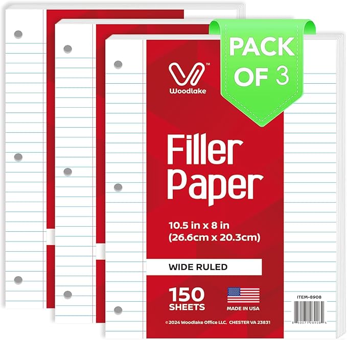 Woodlake Loose Leaf Paper, Wide Ruled Notebook Paper, 8 x 10.5”, 150 Sheets per Pack, 3 Pack Bulk Lined Filler Paper, 3 Hole Punched, 60gsm, Made in USA