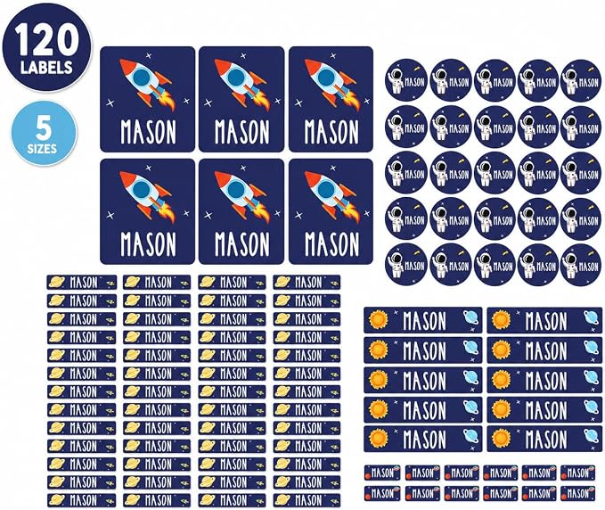 Andaz Press Custom Personalized Waterproof School Name Labels, Outer Space 120-Pack, Kids Labels Combo Pack Customizable Name Stickers Personalized School Supplies Camp Label Daycare Stickers