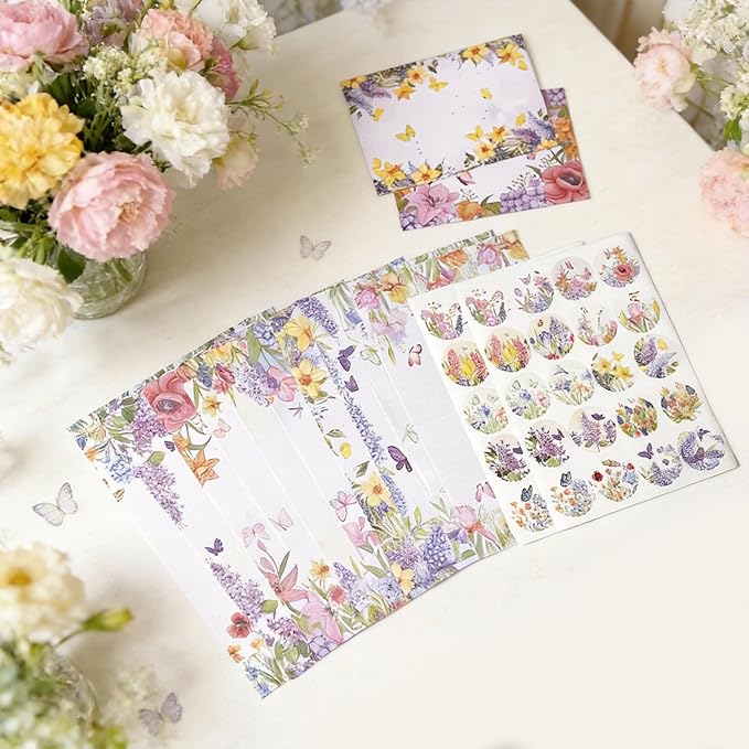 160 Pcs Stationery Paper Envelopes Set Includes 50 Writing Paper & 50 Envelopes with 60 Round Stickers, Cute Lovely Floral Letter Writing and Stationery Paper Envelopes for Girls Boy Office(10Style)