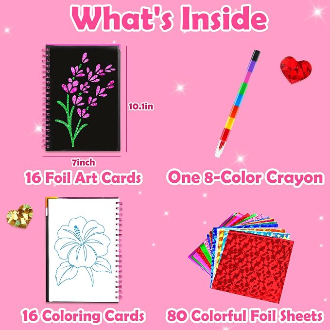 FUNNYB&G Foil Art Craft Kit for Girls 4-10 Years Old: Mess-Free & No-Glue, Create 16 Sparkly Flower Pictures – Perfect Travel Toy & Birthday Gift for Kids(Flower)