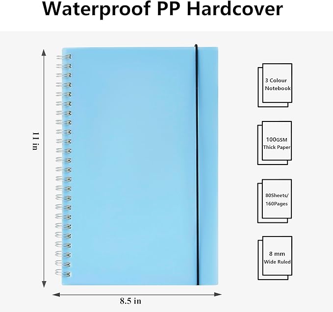 3 Pack Spiral Notebook 8.5 x 11, Large Wide Ruled Notebook 100gsm 8mm Ruled, 80 Sheets/160 Pages, College Ruled Notebook for School, Office, Sketch