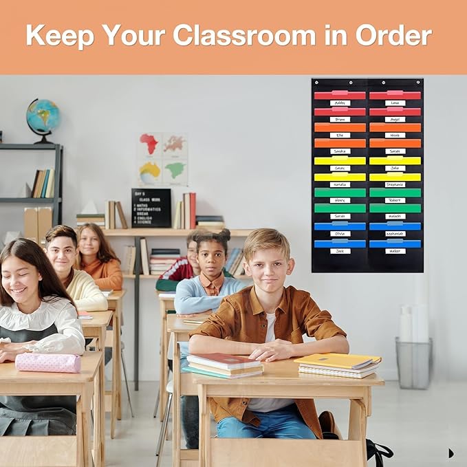 Opret 20 Pockets Storage Pocket Chart with 20 Nametag Pockets, Hanging Wall File Organizer for File Folders with 4 Hangers for Classroom, Office, School Mailbox Organizer and Home (Black)