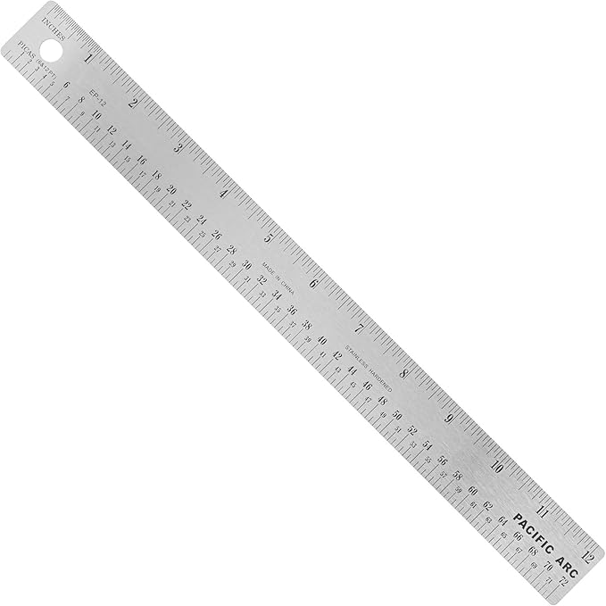 Pacific Arc Stainless Steel Ruler with Inch and Pica Measurements, 12 Inches Rubber Backed