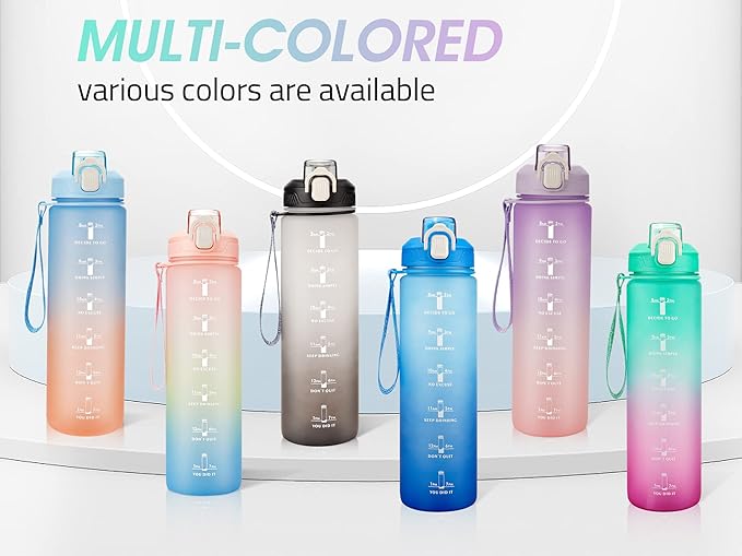 YC Kitchen Motivational Water Bottle with Time Marker- 32oz Water Bottles with Times to Drink, Leakproof & BPA Free Sports Water Bottle with Straw & Carry Strap for Fitness, Gym, and Outdoor Sports