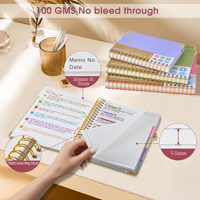 Hardcover Spiral Notebooks for Work, 5 Subject Notebook College Ruled with Dividers Tabs, Lined Organizer Notebook Journal for women, 8"x10" Large B5 Notebooks for School Note taking, 240 Pages Pink