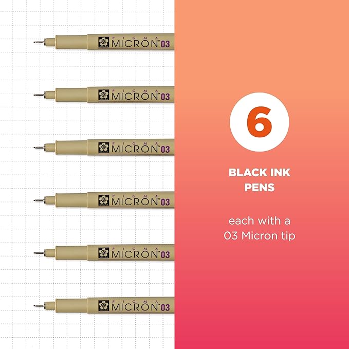 SAKURA Pigma Micron Fineliner Pens, 03 Tip Size, Archival Black Ink, 6PK 50037