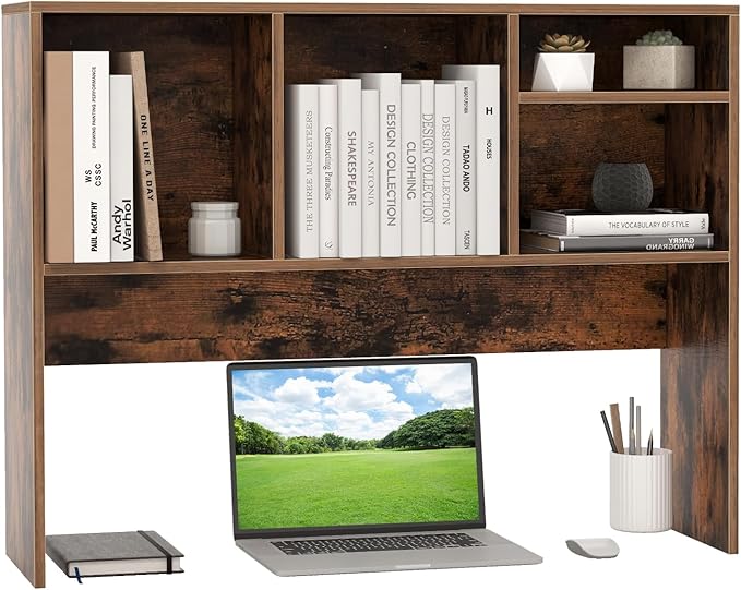 Giantex Desktop Bookshelf, Countertop Storage Hutch with 4 Shelves for Computer Desk, Dressing Tabletop Display Rack, Multipurpose Desk Hutch Storage Organizer for Home Office Dorm (Rustic Brown)