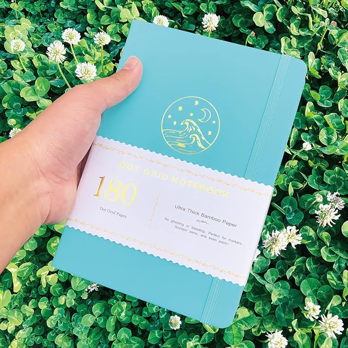 BUKE Dotted Notebook Journal 180GSM Bamboo Thick White Paper 160 Pages 5 * 5MM Dot Grid, Lay Flat Binding,Colored Silver Edges, Bookmarks and Expandable Back Pocket (BKP-7)