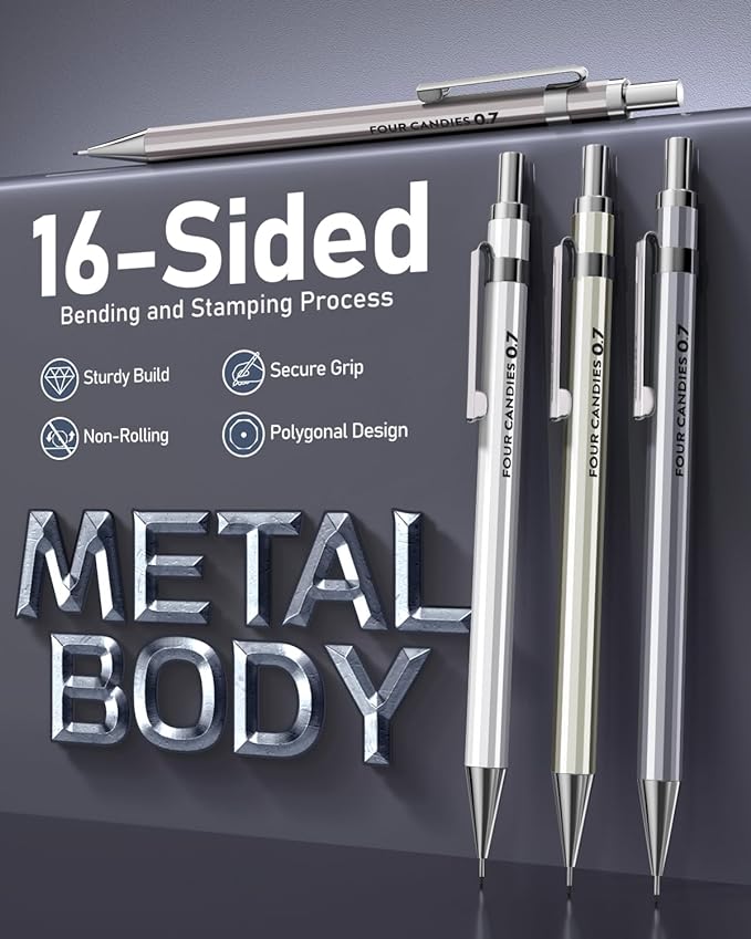Four Candies 0.7mm Mechanical Pencil Set with Case - 4PCS Metal Mechanical Pencils, 8 Tubes HB #2 Lead Refills, 3PCS 4B Erasers and 9PCS Eraser Refills, Lead Mechanical Pencils for Writing & Drawing
