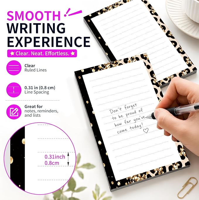 Lined Sticky Notes 4x6 in, 2 Pack Large Cute Notepads with Lines Self-Stick Note Pad, Funny Memo Pads Strong Adhesive for Office, Home Luxury Leopard