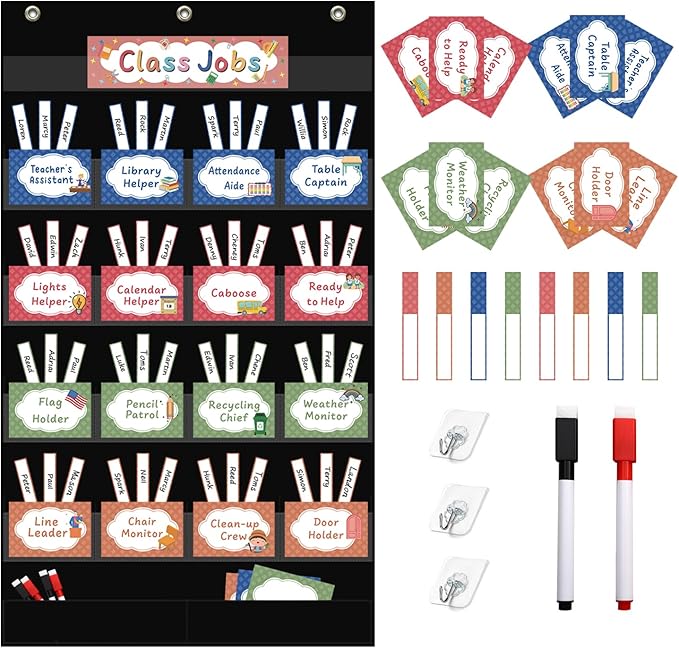 REGELETO Class Jobs Pocket Chart with 17 Pockets and 2 Storage Bags,73 Cards Class Management Educational Pocket Chart Teacher's Helper Size: 32.6" L x 19.6 H Bulletin Board for Classroom (Black)