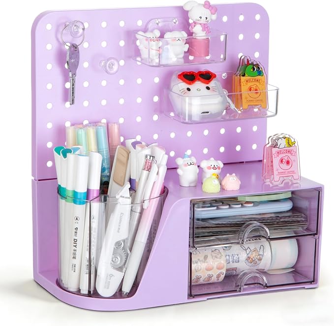 Comix Desk Organizer with Drawer, 360° Rotating Pen Holder for Desk, Pen Organizer with 5 Slots Pencil Holder+Pegboard+2 Drawer for Office Home Art Supplies (Purple)