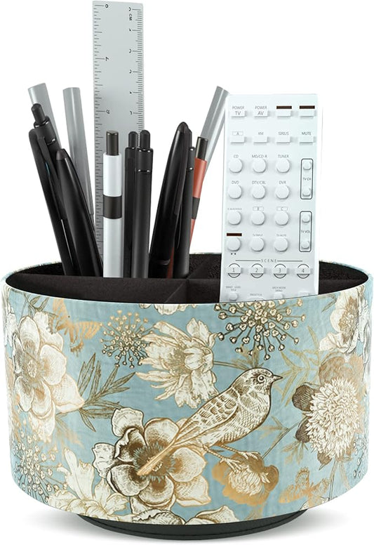 Round Leather Art Supply Organizer,Remote Control Holder,360 Degree Rotating,Multi-Functional Pencil Holder,4 Compartments Desktop Stationary Organizer(1-Blue Bird)