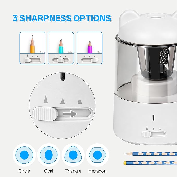 Electric Pencil Sharpener, Auto Stop Fast Sharpen in 3s, Battery Powered Pencil Sharpeners for No.2 & 6-8mm Colored Pencils, Cute Rechargeable Pencil Sharpener for Classroom/Office/Home (White)