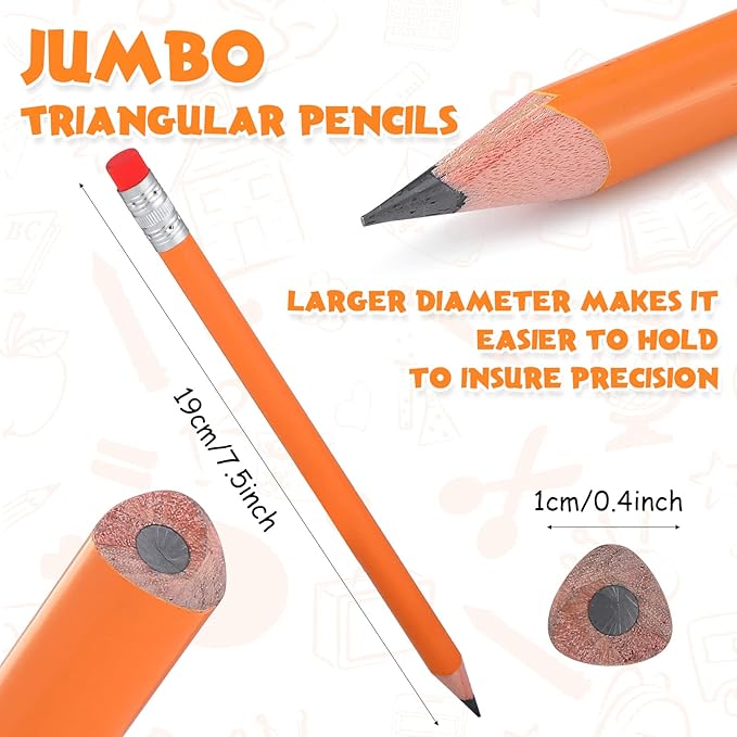 Fainne 48 Pcs Fat Pencils Jumbo Big Thick Large Pencils and 3 Pieces Sharpeners for Kids Beginners Preschoolers Kindergarten School Office Supplies(Orange+Silver,Triangle)