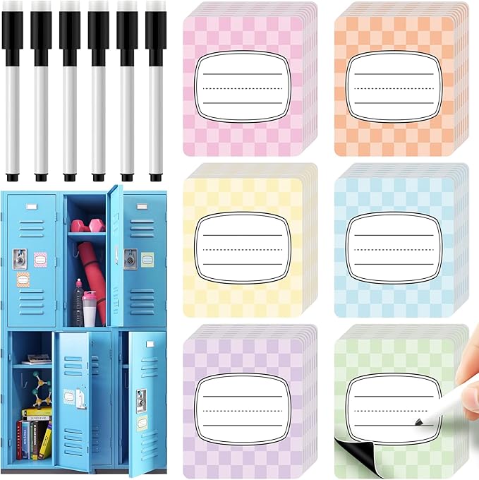 Crtiin 42 Pcs Magnetic Name Tags for Lockers Pastel Checkerboard Dry Erase Labels Magnetic Reusable Name Tags for Back to School Whiteboard Classroom School Bus Locker Fridge