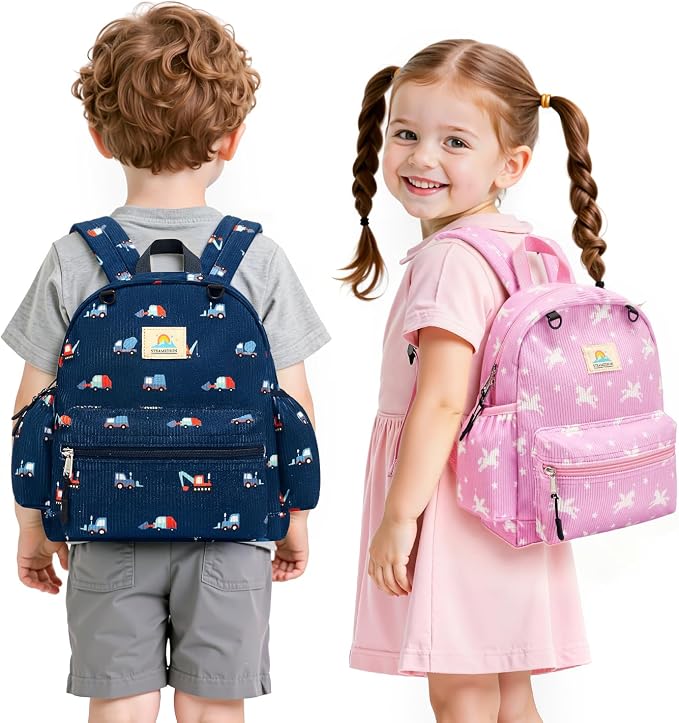 STEAMEDBUN Corduroy Toddler Backpack for Girls 2-4: Kids backpack for Boys Girls - 12 inch Preschool Kindergarten Backpacks - Blue Trucks